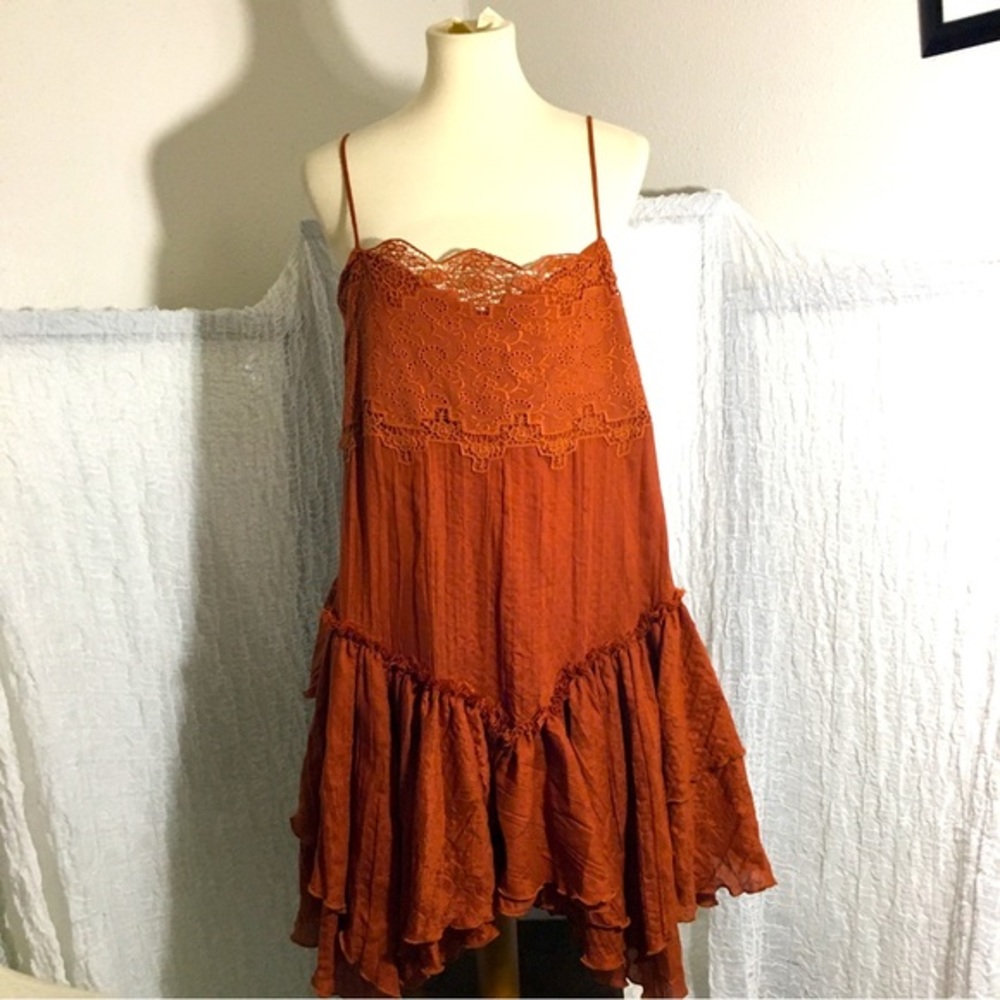 Free People Rust Orange Lace Tiered Slip Dress - Picture 3 of 13